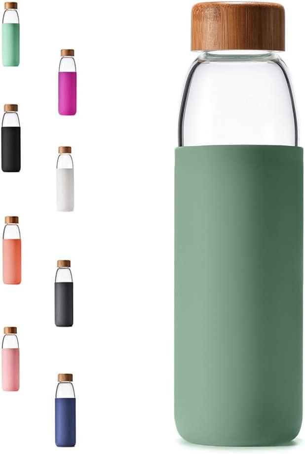 veegoal 25 Oz Borosilicate Glass Water Bottles with Bamboo Lid, BPA-FREE, Non-Slip Silicone Sleeve, and Stainless Steel Leak Proof Lid - Reusable Glass Bottle for Men and Women (Olive)