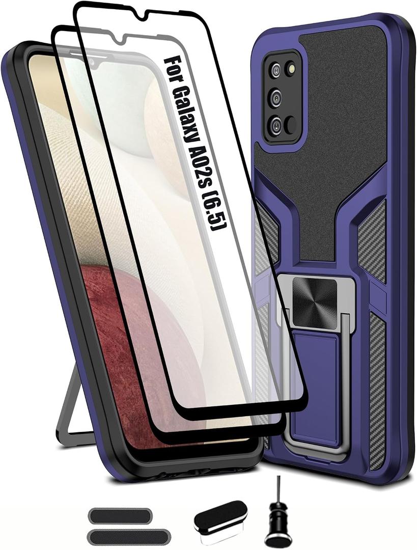Compatible Samsung Galaxy A02s, Anti-Fall Heavy Duty Military Grade Shockproof Kickstand Case Double Protection (TPU+PC) Solid and Durable Magnetic Car Phone Case, Suitable for 6.5 Inch-Blue