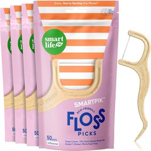 SmartLifeco EcoFriendly Dental Floss Picks (200ct)  Flossers Made With Straw Wheat Blend, Strong AntiShred Thread For Tight Gaps, Tooth Pick Stick For Adults, Soft on Gum & Teeth, Vegan, Unflavored