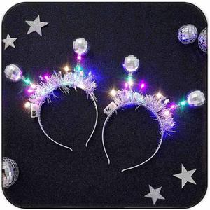 DRESBE Light Up Disco Ball Headbands Silver LED Alien Headband Glow Party Hair Accessories for Women(2pcs) (Free Size)