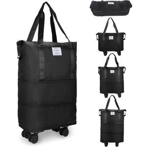 VOOWO Rolling Duffle Bag with Wheels, Expandable Foldable Duffle Bag for Travel, Rolling Under Seat Luggage Carry on Duffel Bags, Wheeled Travel Duffel Weekend Bags, Capacity 18L to 30L (Black)