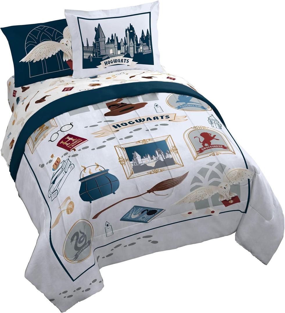 Jay Franco Kids Comforter Set Includes Sheets and Pillow Covers - Soft and Cozy Bed Set for Stylish Room Decor, Dark Grey - Harry Potter, 7 Piece Queen Size Bedding