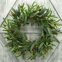 Artificial Green Olive Wreath Greenery Wreath with Olive Leaves, Bean for Front Door Indoor Outdoor Farmhouse Home Wall Window Festival Wedding Decor, White Gift Box Included