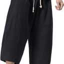 MAGNIVIT Men's Linen Cotton Capri Pants Loose Fit Elastic Waist Wide Leg Baggy Harem Pants (Black, XXL)