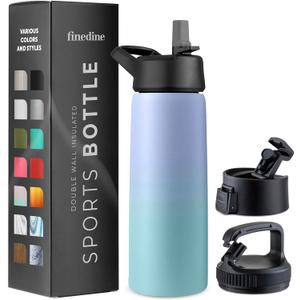 FineDine Triple Walled, Insulated Water Bottles with Straw - 25 Oz Stainless Steel Metal Bottle W/ 3 Leak Proof Lids - For Travel, School, Sports, Gym/Men, Women & Kids - Powder Steel Blue