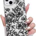 NITITOP Compatible with iPhone 14 Case Clear Cute Line Flower Floral Rose Pattern for Women Girls Full Camera Lens Clear Slim Shockproof Protective Phone Cover - Black