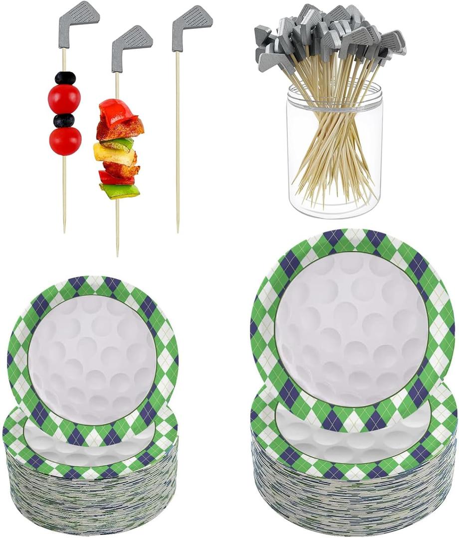 Puraikcmi 150Pcs Golf Party Supplies Paper Plates and Toothpicks Serve 25 Disposable Tableware Set for Birthday Party Decorations Game Day Family School Holiday Sports Events
