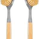 2 Pack Dish Brushes with Bamboo Handle, Kitchen Dish Scrubber Built-in Scraper, Scrub Brush for Pans, Pots, Counter & Kitchen Sink Cleaning, Dishwashing and Cleaning, Perfect Cleaning Tools, Gray