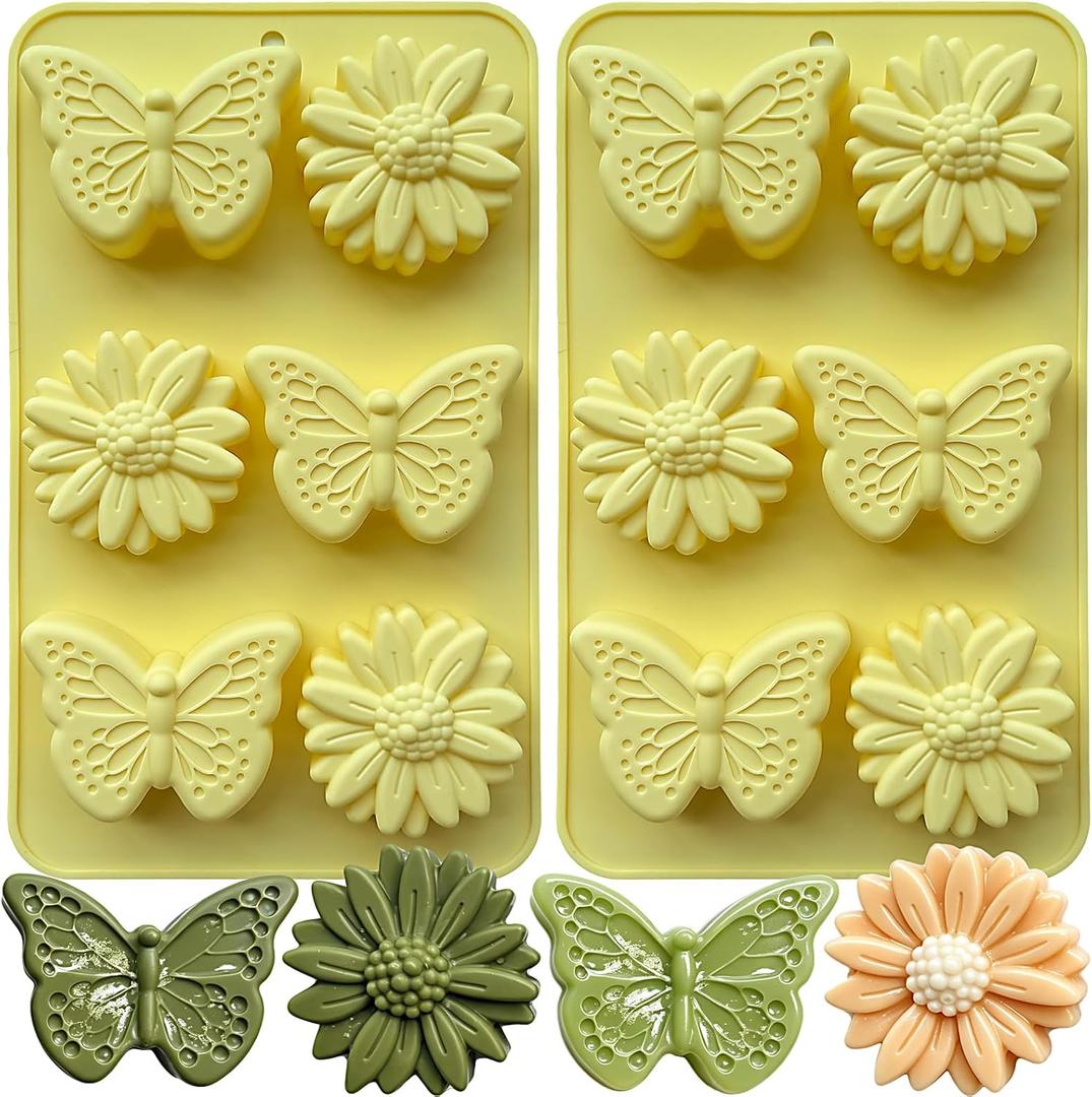 2 Pack Flower Silicone Molds, Large Daisy Flower Baking Molds Butterfly Silicone Chocolate Candy Molds for Soap Making Candle Cookie Ice Cube Wax Melts Cake Decorating Baking Supplies
