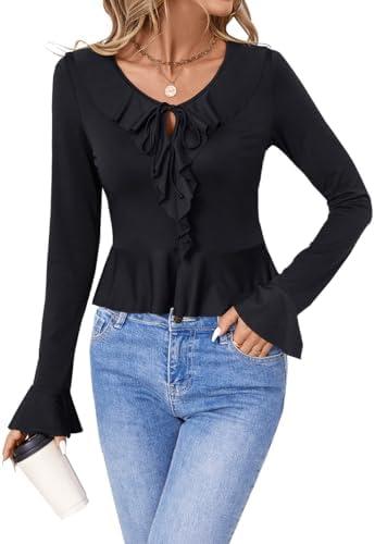 olrain Women Long Flare Sleeve V Neck Tie Front Pan Collar Ruffle Hem Blouse Ribbed Spring Fall Outfit Cute Going Out Tops, Set of 2, XXL