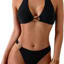 SOLY HUX Women's Halter Bikini Set V Neck Ring Linked Bathing Suit Summer Beach Two Piece Swimsuit (Large)