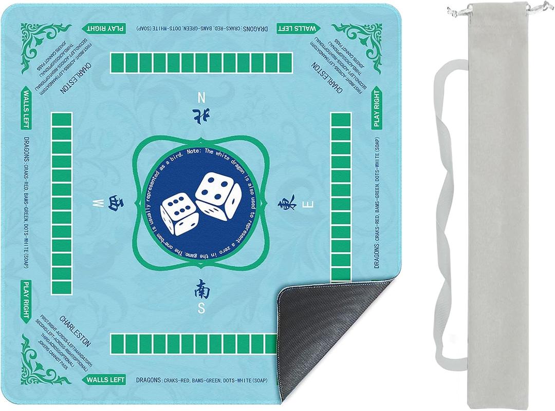 Mahjong Mat(31.5"x31.5"), Cyan Reduction Noise Rubber Mat with Guide&Rule&Tips&Charleston&Direction GuidanceSilent Sports Auxiliary Props,Non-Slip Regular Footstep System Training Blanket