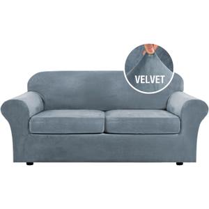 H.VERSAILTEX Real Velvet Plush 3 Piece Stretch Sofa Covers Couch Covers for 2 Cushion Couch Sofa Slipcovers Width Up to 90 Inch Feature Thick Soft Stay in Place (Large Sofa, Stone Blue)