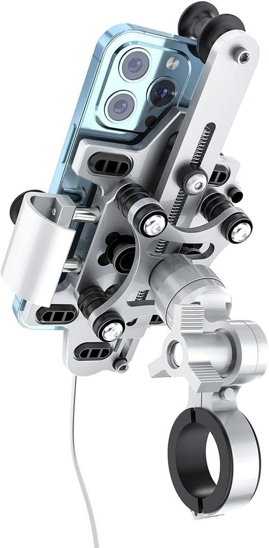 Motorcycle Phone Mount with Vibration Dampener, Aluminum Alloy Bike Phone Holder, Handlebar Phone Mount for Ebike, ATV, Fit 4.7-7" Phones (Silver, Large-5 Springs)