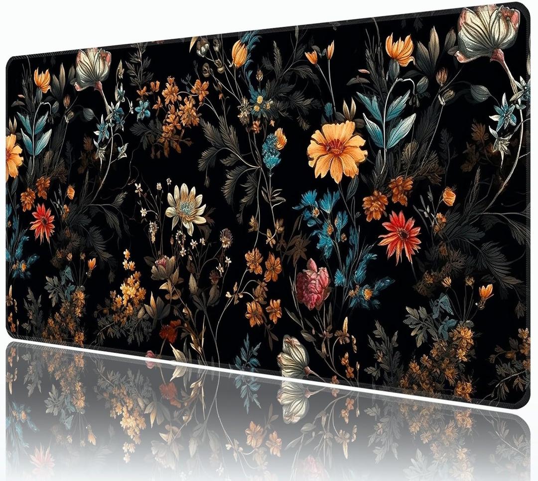 Dark Flower Mouse Pad,XXL 35.4"x15.7" Big Gaming Mousepad,Aesthetic Vintage Floral Large Extended Mouse Mat,Non-Slip Rubber Base Waterproof with Stitched Edges for Gaming Office Home
