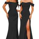 Dessiny Simple Off The Shoulder Bridesmaid Dresses Long for Women 2024 Simple Mermaid Ball Gown Satin Pleated Formal Party Dress with Slit Black US12