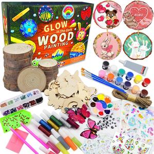 Quimoy 24 Pcs Wooden Painting Kit-Glow in The Dark, Arts & Crafts Gifts for Boys Girls Ages 5-12-Craft Activities Kits, Painting Kits for Kids Ages 4-8, 8-12 Year Old Kids