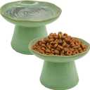 VCEPJH Elevated Shallow Cat Bowls 6.1in Ceramic Cat Food Plate Pack of 2 Raised Cats Dish Flat Anti Whisker Fatigue Wide Pet Food & Water Feeder for Indoor Kitty Kitten (Green)