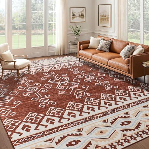 DSKOGYEM Area Rug 8x10 - Soft Washable Area Rug, Non-Slip Foldable Boho Rug, Low Pile Neutral Geometric Rug for Living Room, Dining Room, Bedroom, Home Decor - Orange