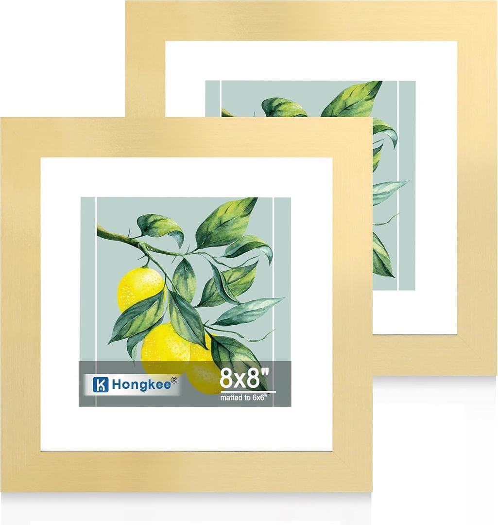 Hongkee 8x8 Picture Frame Set of 2, Made of Real Glass and Gold Wooden Frame - Display Square 6x6 with Mat or 8x8 Without Mat, 8 by 8 Photo for Wall or Tabletop
