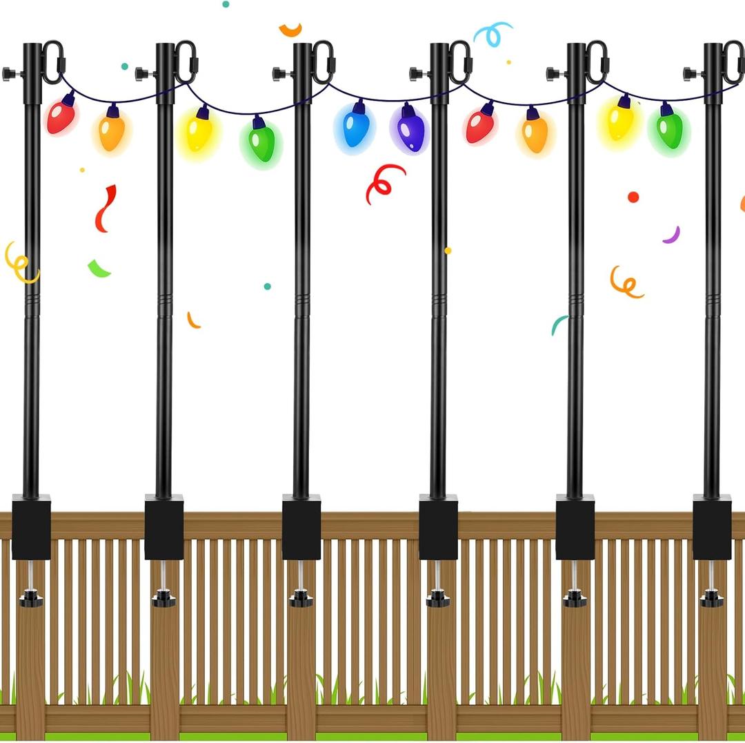 6 Pack Deck String Light Poles with Adjustable 3" Clamp, Outdoor Light Poles for String Lights Christmas Garden Backyard Deck Fence Railing Hanging Bird Feeders, Lanterns, Wind Chimes (28 Inch)