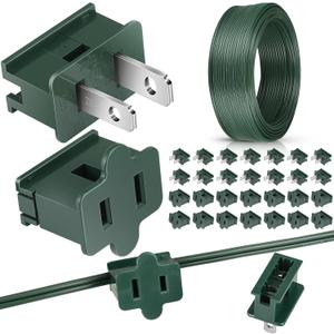 SPT-1 300 ft 18/2 Electrical Wire with 30 Extra Vampire Plugs (15 Male 15 Female) Christmas 18awg Extension Wire Landscape for Christmas Lights Outdoor Decoration(Dark Green)