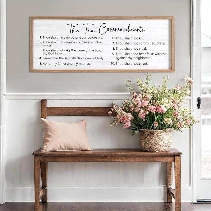 The Ten Commandments Rustic Bible Verse Framed Wall Art, 40''×15'' Positive Religious Christian Saying Sign for God Jesus Christ Prayer, Vintage Horizontal Holy Inspirational Catholic Scripture Decor