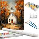 Countryside Church Paint by Numbers Kit for Adults - DIY White Chapel with Red Door in Autumn Forest Painting on Rolled Canvas 16x20 Inches, Acrylic Paint Set for Beginners, Home Wall Art or Gifts