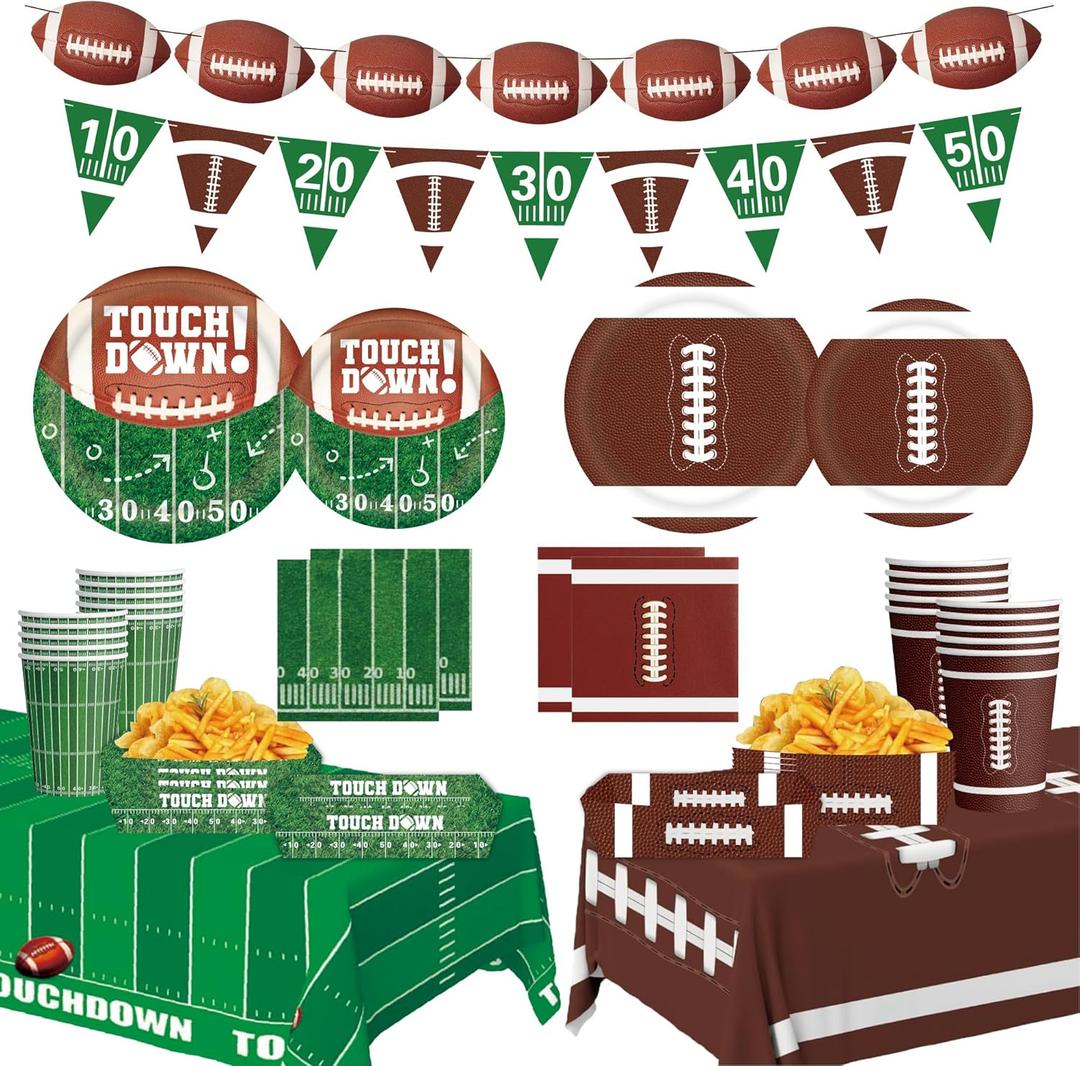 Football Party decorations Kit Serve 24,Includes touchdown Plates, Dessert Plates, Napkins, Cups,Serving Tray,Banner and Touchdown Tablecloth for Football Birthday decorations