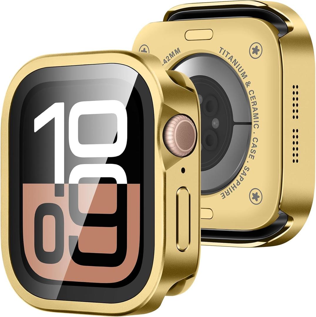 Amizee Metal Case Compatible with Apple Watch Series 11/10 42mm Case with Built-in Screen Protector, Straight Edge Ultra Thin with Back Cover Protective Cover for iWatch 42mm, Gold