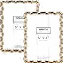 YiPinYin 5x7‘’ Gold Picture Frames Set of 2,High-End Heavy Duty Zinc Alloy Photo Frames with Wave Design,Velvet Backing,Dual Use for Desktop Display & Wall Hanging,Fashionable Decor Frames