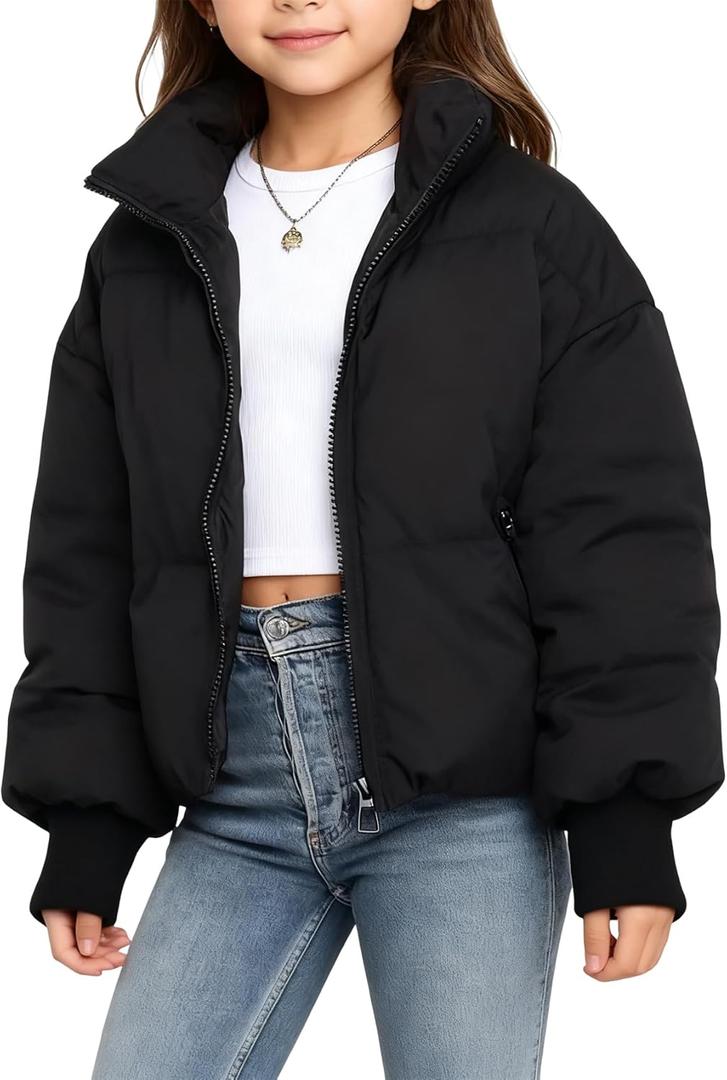 Gihuo Girls Kids Puffer Quilted Jacket Zip Up Warm Outerwear for Girls 9-10Years (Black)