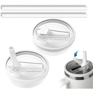 2 Pack 40 oz Tumbler Flip Straw Lid Replacement Compatible for Stanley Quencher, Leak-Proof Splash Resistant Tumbler Lids,Reusable Tumbler Cover for Stanley Cup (White)