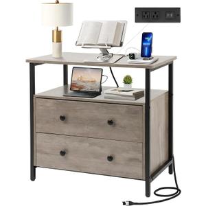 Edbuosy 27 inch Wide Night Stand with Charging Station, Bedside Table with Open Shelf, 2 Drawers Small Wood Dresser, Modern Wood Nightstand for Bedroom/Living Room (Rustic Gray)