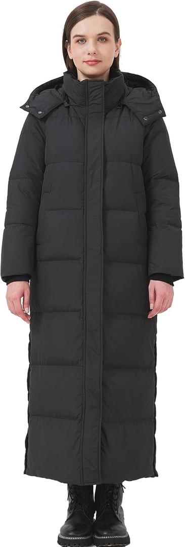 Women's Extra Long Thickened Down Jacket with Thermal Lining,Full Length Winter Puffer Down Coat with Hem Slit (Black)