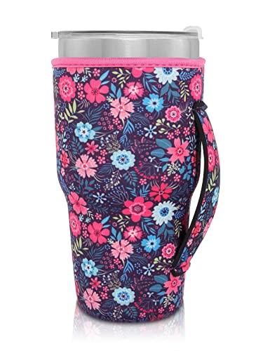 Reusable Iced Coffee Cup Sleeve Neoprene Insulated Sleeves Cup Holder with handle Idea for 30oz - 32oz Tumbler Cups, Protein Shake Bottles(Only Cup Sleeves)(Flower Meadow)
