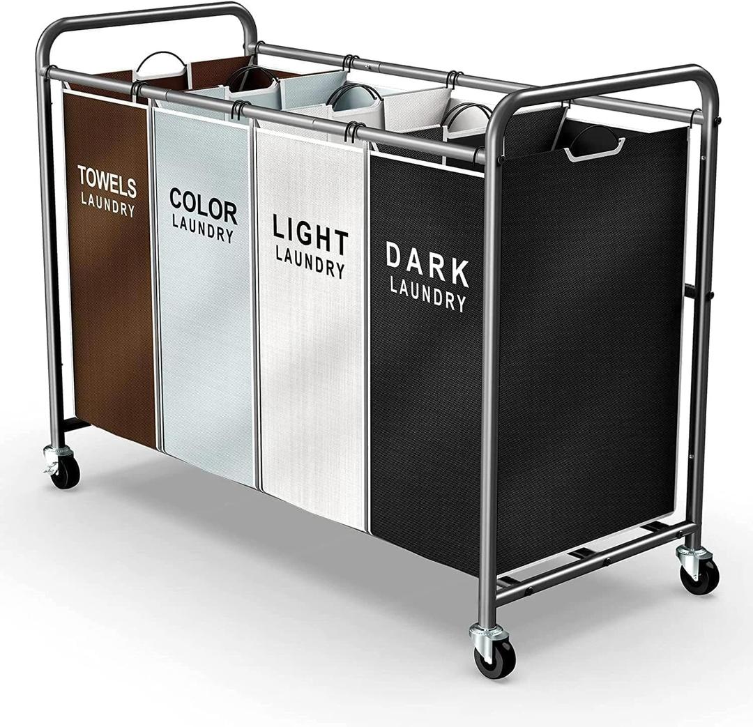 ROMOON Laundry Hamper Sorter Cart: 4-Section Organizer with Heavy-Duty Lockable Wheels and Removable Bags | 180L Rolling Laundry Basket for Dirty Clothes in Laundry Room or Small Spaces (Multicolor), Without Hanging Bar