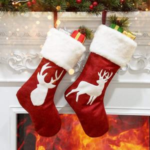 SupMLC Christmas Stockings, 2 Pcs 18 inches Christmas Stockings, Burlap with Large Plush Cuff Stockings, for Family Holiday Xmas Party Decorations (Red-deer)