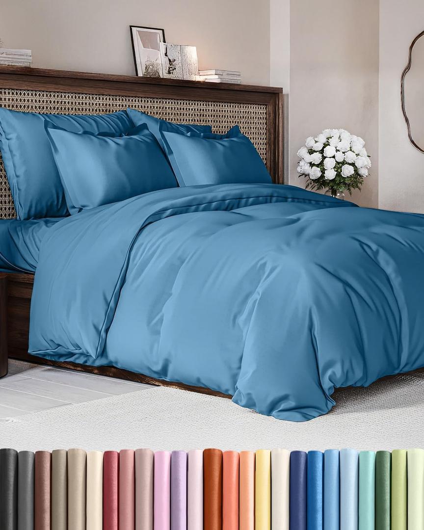 Duvet Cover Queen Size - Extra Soft Queen Size Duvet Cover - Lightweight & Breathable - Easy Care & Fade Free with Zipper Closures & Ties - 90" x 90" Inches - (Denim Blue) Comforter Not Included