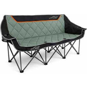 FAIR WIND Oversized 3 Person Camping Chair Padded Triple Loveseat Folding Camping Couch Duo Chair Heavy Duty Quad Fold Arm Chair with Cup Hold - Supports 900 LBS Black