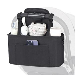 Beberoad Love Universal Stroller Organizer with Cup Holder Large Capacity Stroller Caddy Waterproof Stroller Bag with Shoulder Strap (Black)