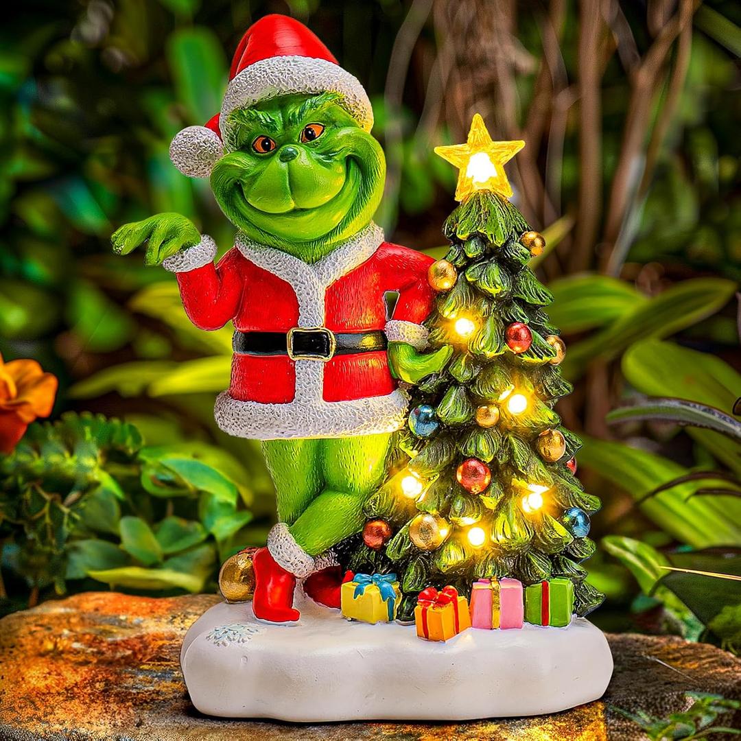Green Monster Solar Garden Statue with Christmas Tree and 6 LED Lights - Outdoor Figurine - Glossy Resin - Waterproof - Spot Clean - Christmas Decor