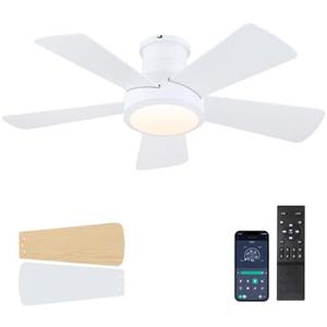 Ceiling Fans with Lights, Modern Low Profile Ceiling Fan with Light and Remote Control, 5 Dual-Sided Blades, Reversible DC Motor, 40" White Small Flush Mount Ceiling Fan for Bedroom Indoor/ Outdoor Use