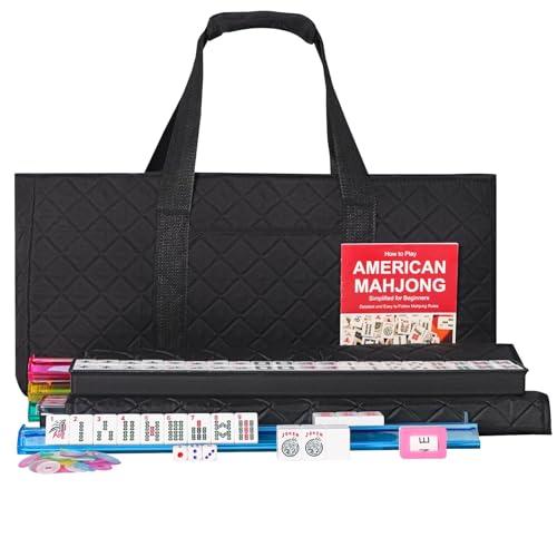 ZGME American Mahjong Set,166 White Tiles with Black Rectangular Bag and Accessories,4 All-in-One Mahjong Racks with Pushers,Complete Western Mahjong Set, Mat Only