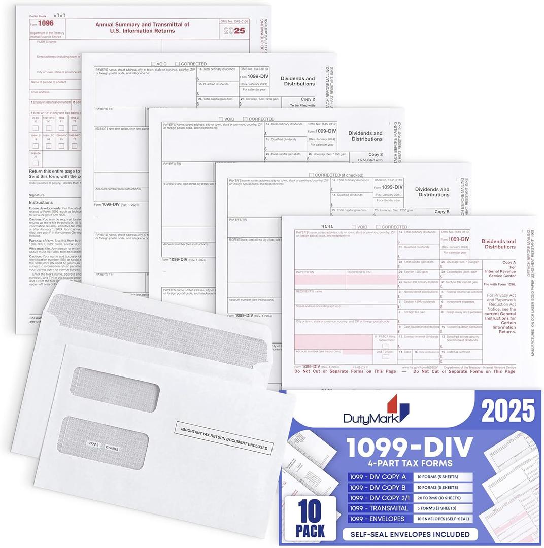 1099 DIV Income Tax Forms 2025 Set and 1096 - Kit for 10 Vendors 4-Part, Complete Laser Forms with Self-Seal Envelopes in Value Pack | 1099-DIV Income 2025