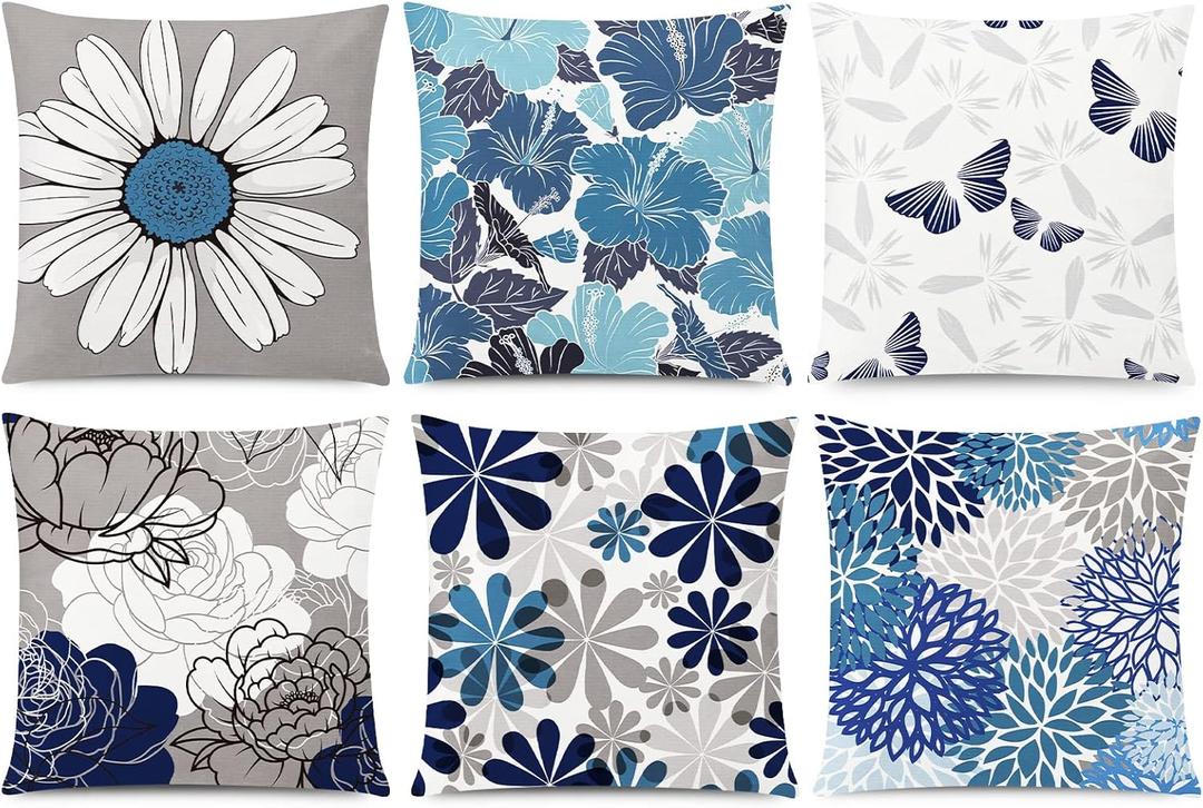 COMMINY Blue Grey Pillow Covers 16x16 Set of 6 Decorative Daisy Flower Throw Pillow Cover for Couch Modern Farmhouse Cushion Pillow Case for Living Room Patio Home Decor
