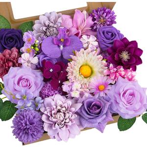 Fake Flowers Artificial Flowers Peonies Bulbous Chrysanthemum Daisy Hydrangea Sunflower Violets Dahlia Daffodils Epiphyllum Orchid Cherry Blossom Camellia Leyaron Floral Arrangements (Purple&Pink)