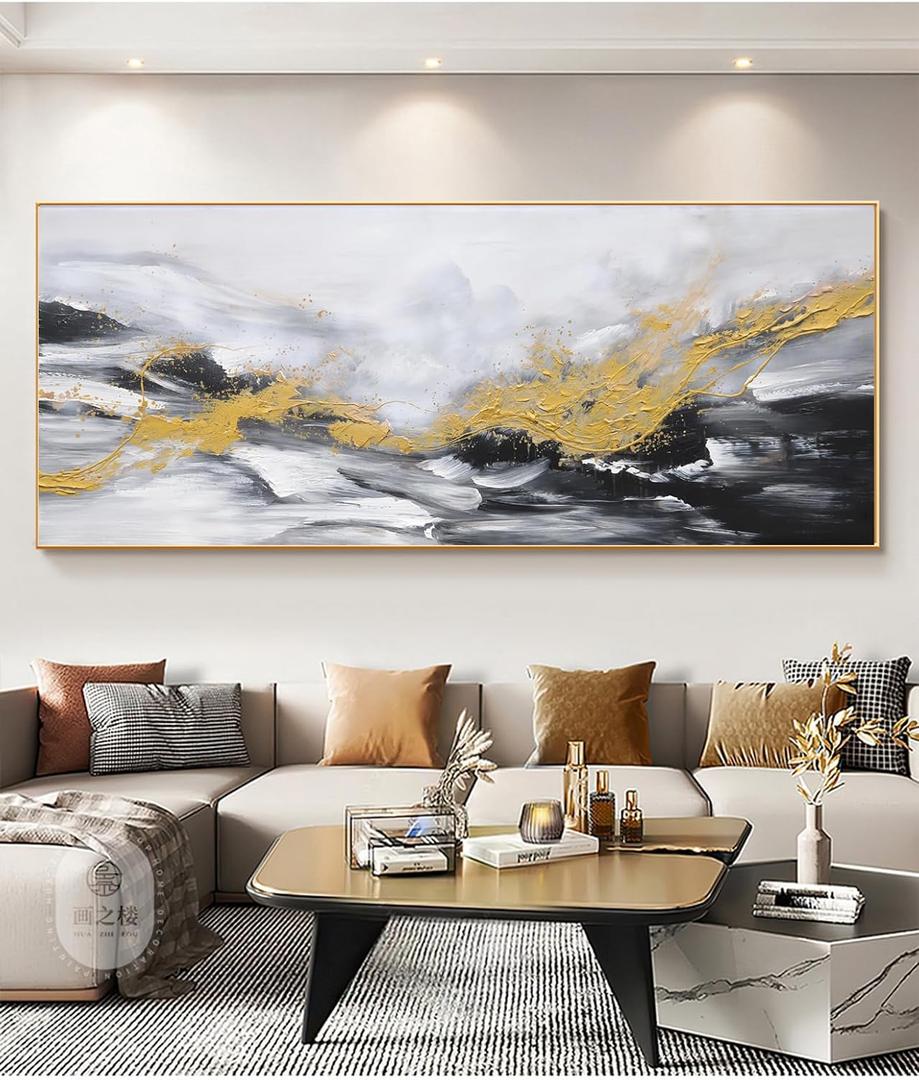 Hand Painted Abstract Living Room Canvas Wall Art,Framed 3D Modern Oil Painting for Bedroom,Large White and Black Abstract Canvas Pictures Office Decoration 24x56 inches (56L" x 24W", MD-141)