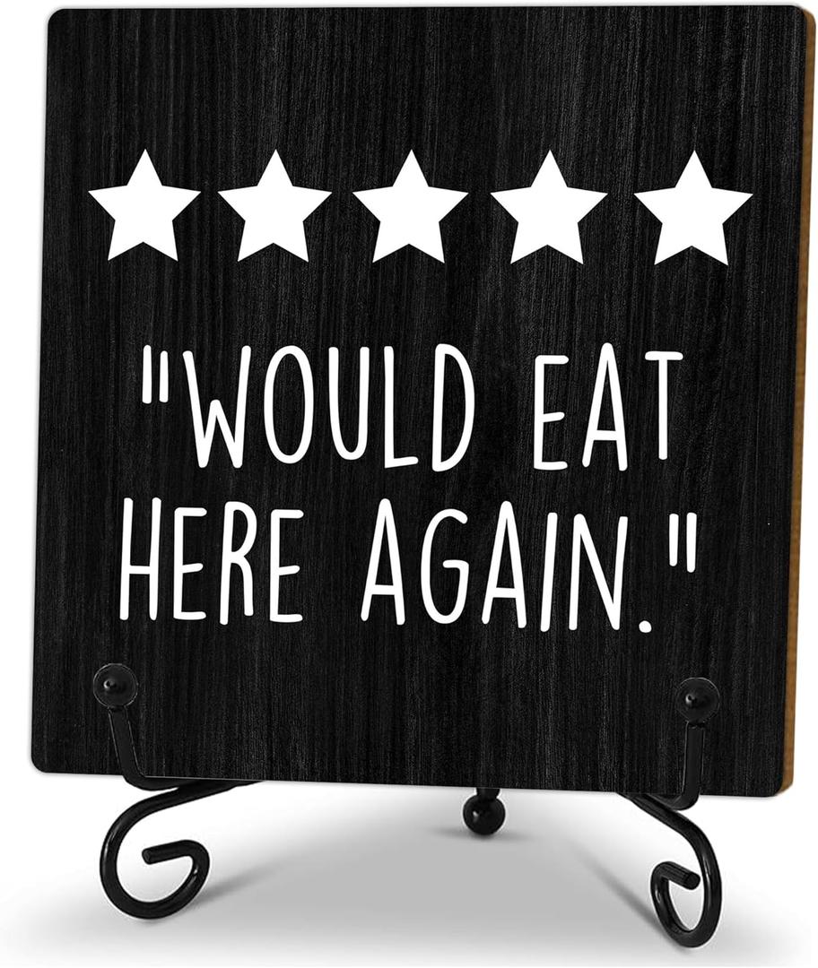 Kitchen Wooden Sign - Chef Was Cute Would Eat Here Again -Dining Table Decor With 1 Iron Support, Funny Gifts For Chef, Rustic Farmhouse Home Kitchen Dining Room Table Shelf DecorBlack 5 x 5 Inches