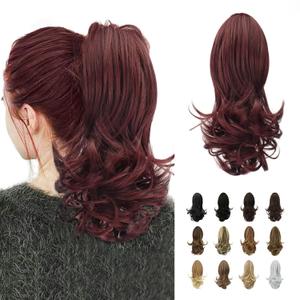 SOFEIYAN 13" Ponytail Extension Long Curly Ponytail Clip in Claw Hair Extension Natural Looking Synthetic Hairpiece for Women, Wine Red